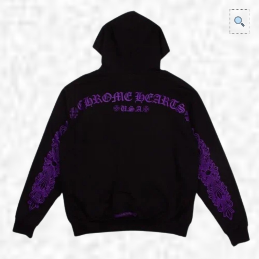 Chrome Hearts Black Hoodie with Purple Floral Sleeve Graphics